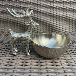 Figural Deer Stag Bowl Figure Snack Nut Candy Dish Silver Metal Reindeer Xmas